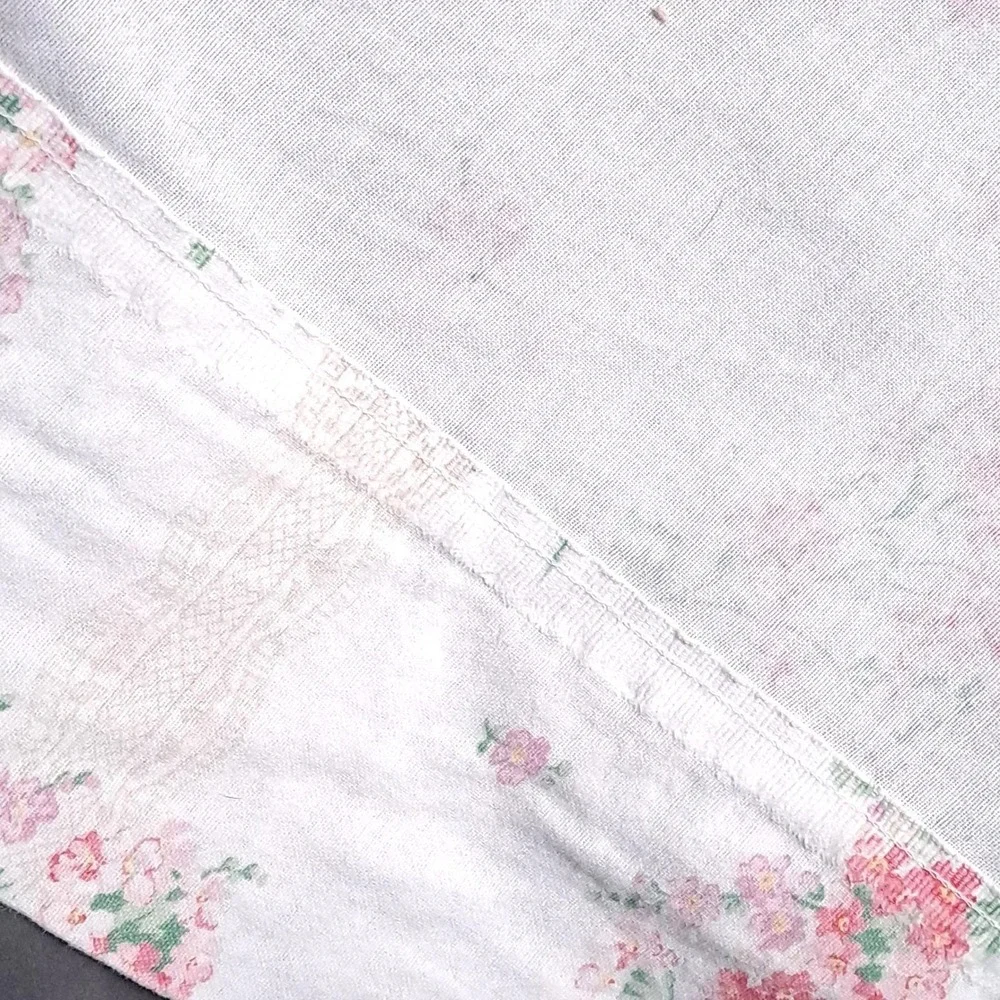 VTG Stevens Floral Flat Bed Sheet Twin White Pink Lace Stripe Cottagecore Fabric